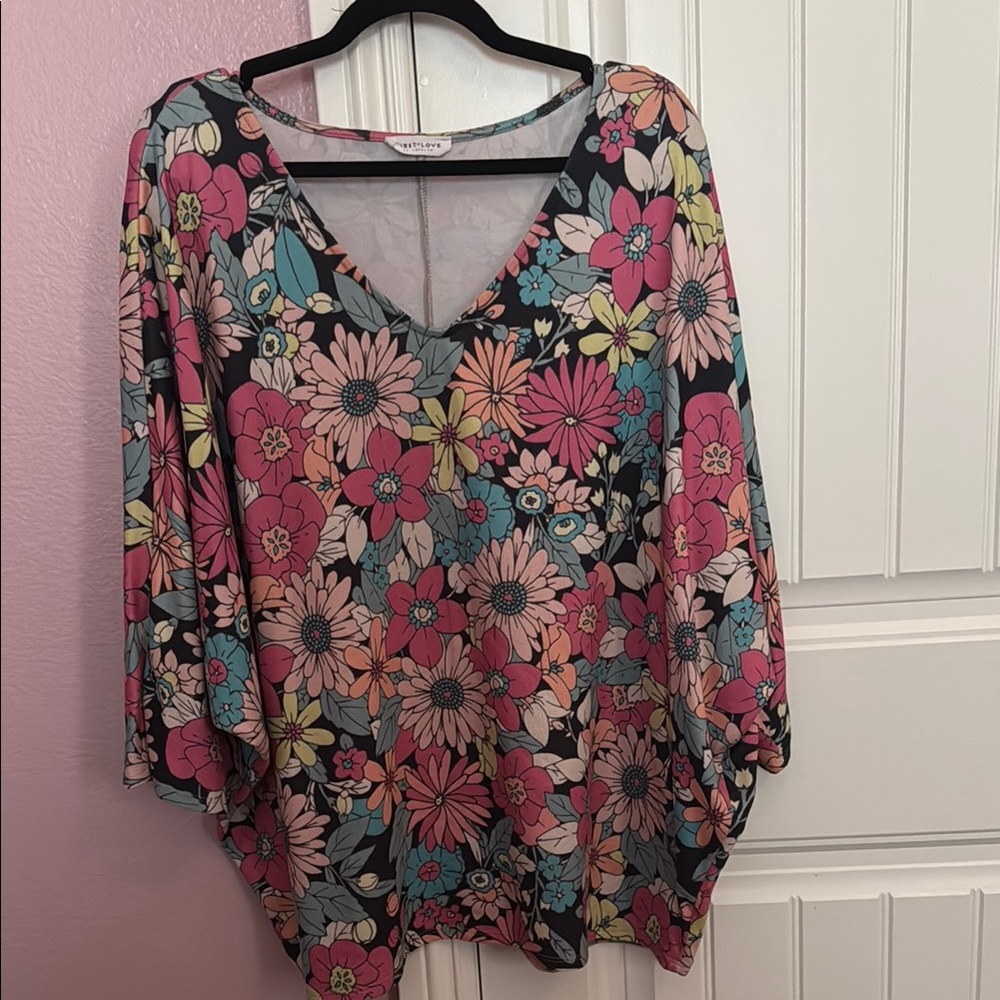 First Love Pink and Orange Tunic 3/4 Sleeve Relaxed Fit